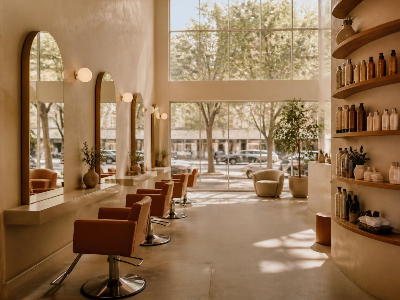 Moderner Friseursalon mit freien Stühlen am Fenster
