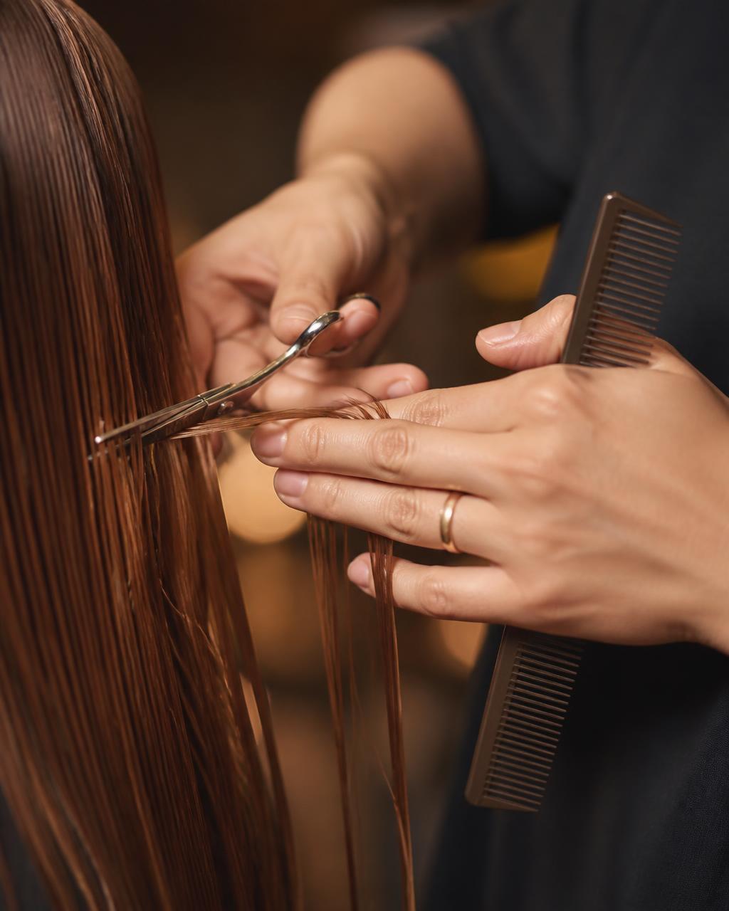 Friseurin schneidet Haare mit der Schere